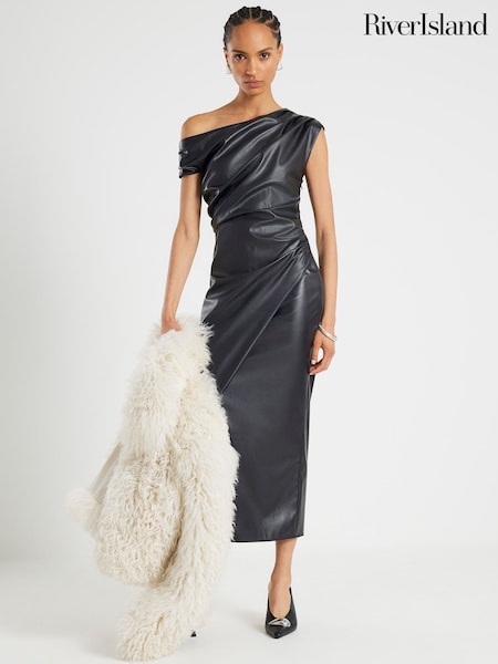 River Island Black One shoulder Drape Faux Leather Midi Dress (W10509) | £51
