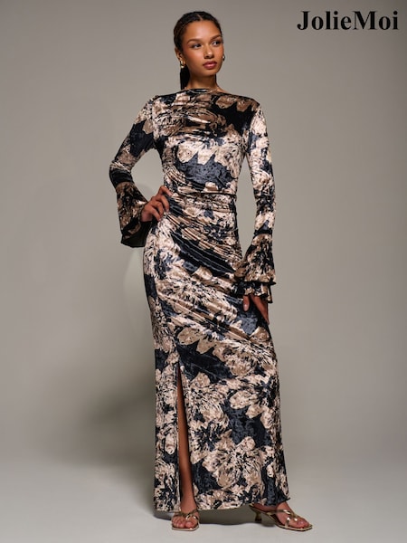 Jolie Moi Black Ruffle Sleeve Asymmetric Neck Velvet Maxi Dress (W10573) | £85