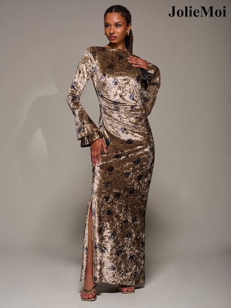 Jolie Moi Gold Ruffle Sleeve Asymmetric Neck Velvet Maxi Dress (W10578) | £85