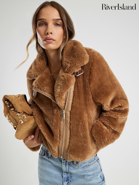 River Island Brown Borg Aviator Jacket (W10597) | £79