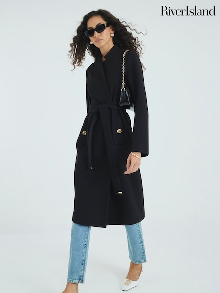River Island Black Notch Collar Belted Wrap Coat (W10686) | £79