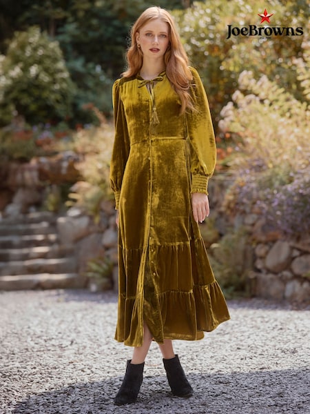 Gold Tassel Neck Tie Boho Velour Dress (W10995) | £85