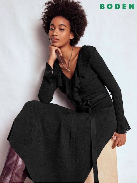 Boden Black Ruffled Ribbed Dress (W11127) | £179