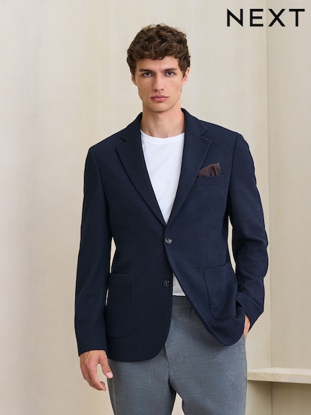 Navy Blue - Slim Fit Textured Jersey Blazer