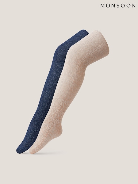 Monsoon Cream Cable Heart Tights 2 Pack (W11495) | £18 - £19