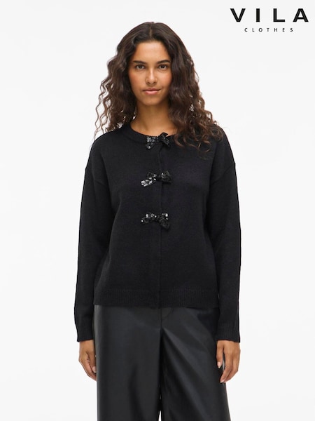 VILA Black Bow Knit Cardigan (W11543) | £45