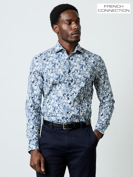 French Connection Blue Cotton Slim Fit Floral Print Long Sleeve Button-Up Shirt (W11548) | £49