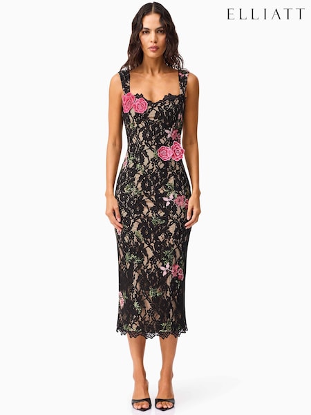 Elliatt Black Morgaine Lace Sweetheart Scalloped neckline Midi Dress (W11577) | £380