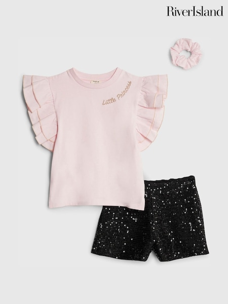 River Island Pink Frill Sleeve Top & Sequin Shorts Set (W11622) | £26