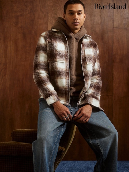 River Island Brown Hairy Check Zip Overshirt (W11643) | £59