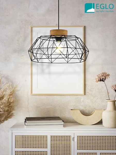 Eglo Black Natural Padstow Geometric Wire Steel Wood Pendant Ceiling Light (W11695) | £75