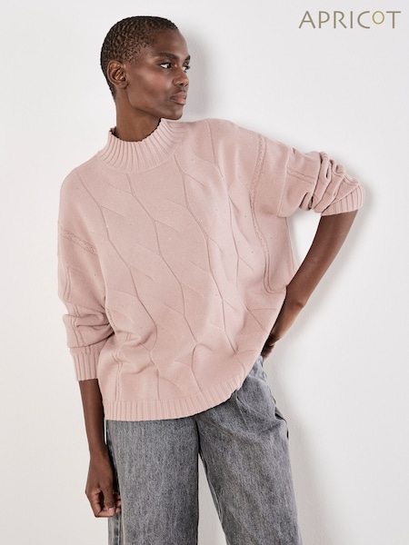 Apricot Pink Sparkle Cable Front Mock Neck Jumper (W11824) | £40
