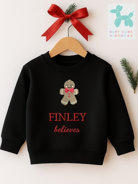 Black - Ruff Cubs Kidswear Personalised Ginger Bread Boy Christmas Sweater