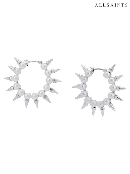 AllSaints Silver Tone Pearl Spike Hoop Earrings (W12308) | £49