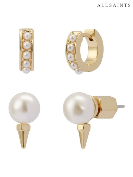 AllSaints Silver Tone Pearl Spike Huggie Earrings Set (W12310) | £45