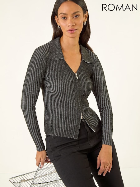 Roman Metallic Zip Front Collared Knit Jumper (W12387) | £42