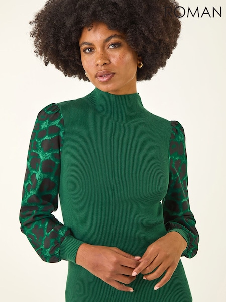Roman Green Animal Print Mesh Sleeve Knit Jumper (W12389) | £42