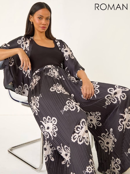 Roman Black Floral Pleated Trousers (W12426) | £42