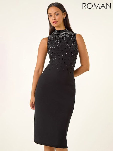 Roman Black Embellished Knit Midi Dress (W12440) | £48