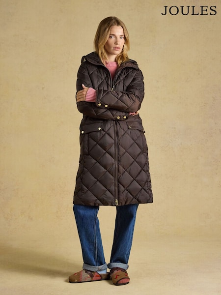 Chocolate Brown - Chessington Showerproof Longline Diamond Quilted Coat With Hood