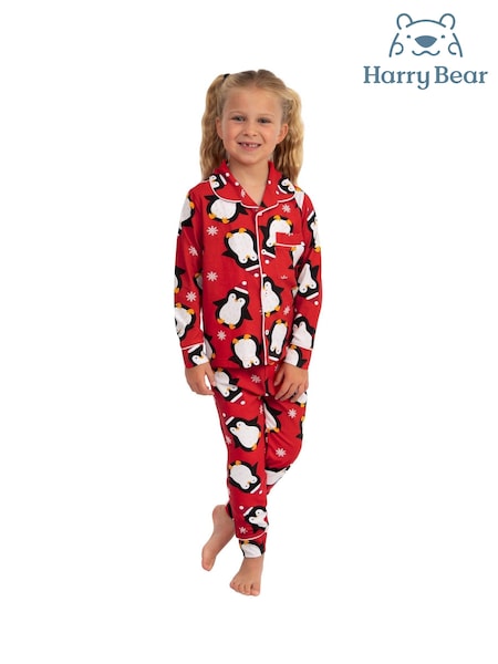 Harry Bear Red Christmas Button Up Penguin Pyjamas Set (W13105) | £19