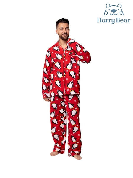Harry Bear Red Christmas Button Up Penguin Pyjamas Set (W13107) | £26