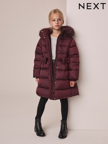 Berry Red - Bow Detail Shower Resistant Padded Coat (3-16yrs)