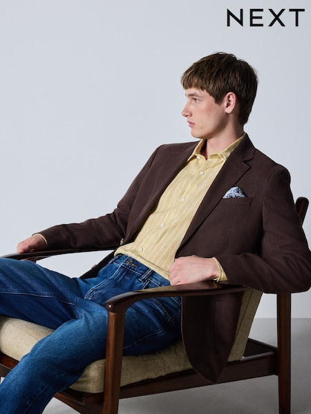 Chocolate Brown - Slim Fit Textured Linen Blend Blazer