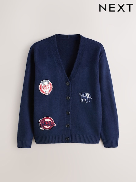 Navy Blue Relaxed Fit Collegiate Badge Detail Cardigan (W13730) | £40