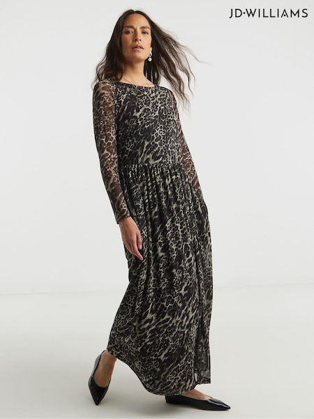 JD Williams Green Leopard Mesh Pleated Ballet Slash Neck Dress (W13739) | £44