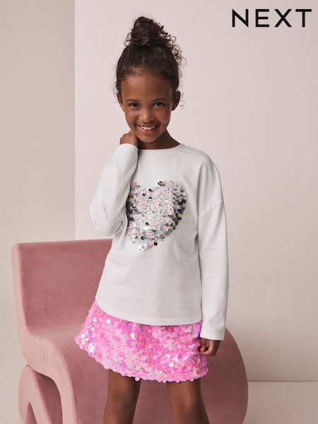 White - Long Sleeve Sequin Heart Top (3-16yrs)