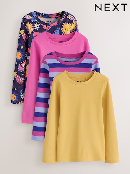 Navy/Pink - Long Sleeve Ribbed T-shirts 4 Pack (3-16yrs)