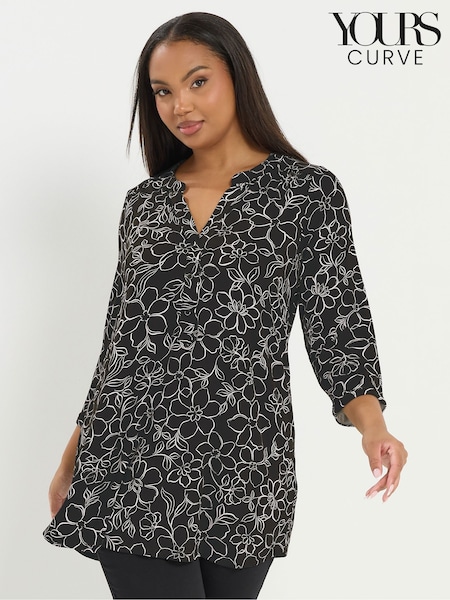 Yours Curve Black 3/4 Sleeve Placket Top (W13803) | £27