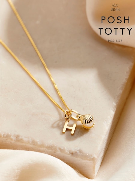 Posh Totty Designs Silver Tone 9ct Initial And Pearl & Shell Charm  Pendant (W13858) | £239