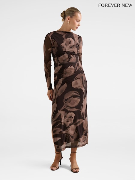 Forever New Brown Alannah Mesh Long Sleeves Midi Dress (W13937) | £60