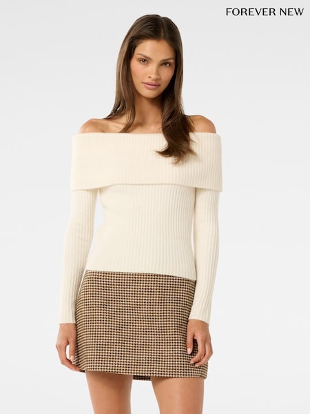 Cream Ashley Ribbed Knitted Bardot Top (W13957) | £55
