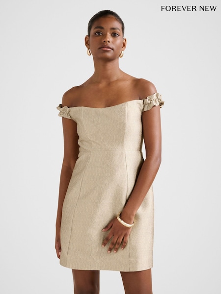 Forever New Gold Mandy Petite Bardot Ruffle Neck Mini Dress (W13959) | £110