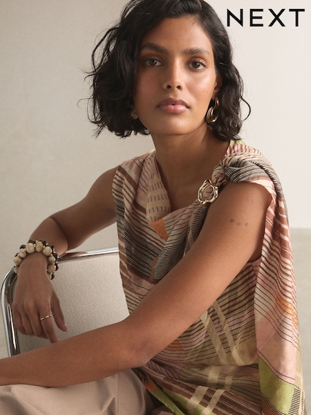 Pink/Green Stripe - Hardware Trim Sleeveless Draped Top