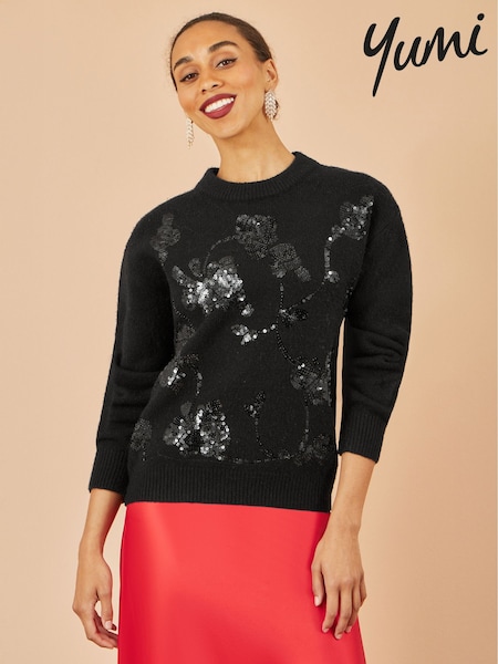 Yumi Black Relaxed Knitted Jumper With Sequin Detail (W14245) | £55