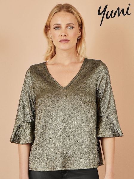 Yumi Gold Stretch Top With Fluted Sleeves (W14248) | £45
