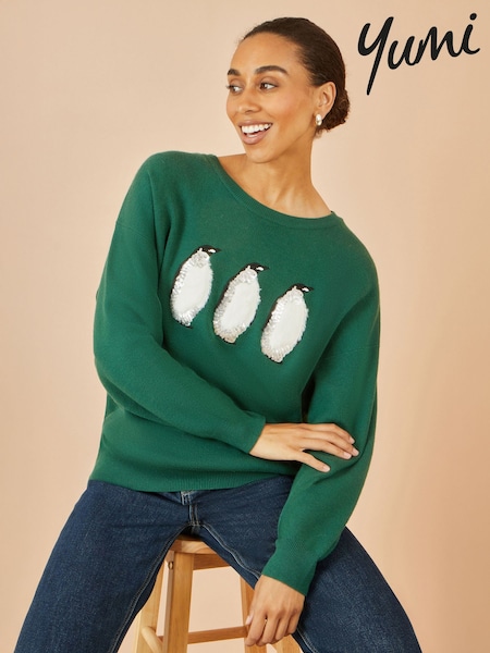 Yumi Green Christmas Festive Penguin Knitted Jumper (W14250) | £50