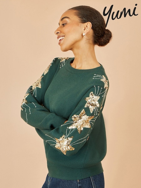 Yumi Green Relaxed Fit Jumper With Sequin Star Sleeves (W14256) | £55