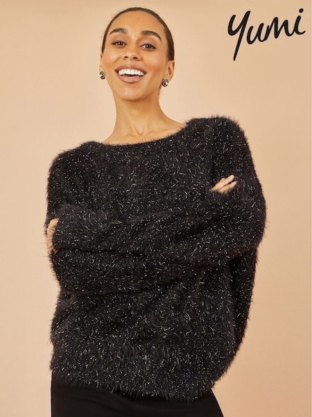 Yumi Black Metallic Fluffy Eyelash Relaxed Jumper (W14258) | £50
