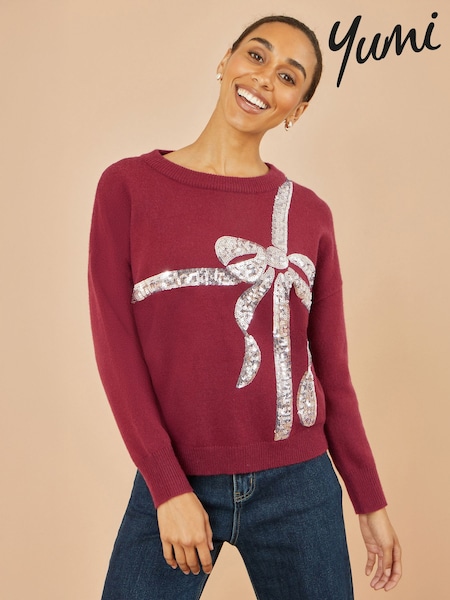 Yumi Red Sequin Bow Knitted Jumper (W14261) | £55