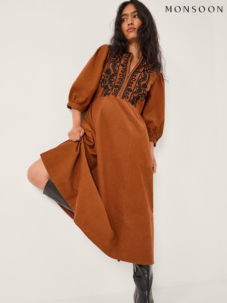 Monsoon Brown Leah Embroidered Corduroy Midi Dress (W14271) | £90
