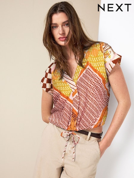 Orange/Pink Spliced Print - Textured V-neck Tie Front Short Sleeve Top