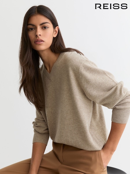 Reiss Taupe Neutral Jenny Wool-Cashmere V-Neck Jumper (W14466) | £98