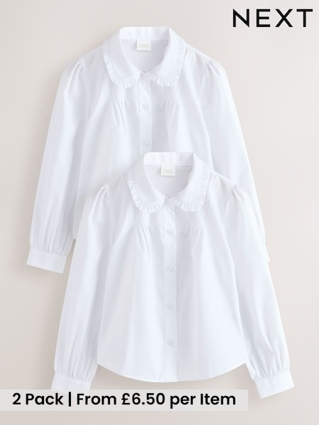 White - Girls Long Sleeve Ruffle Collar School Shirts 2 Pack (3-14yrs)