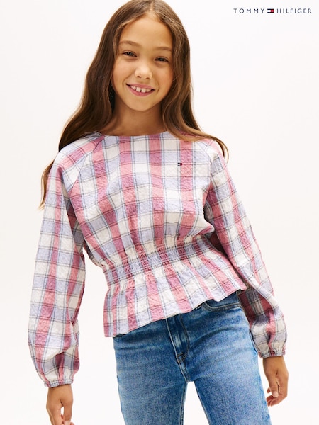 Tommy Hilfiger White Regular Fit Check Smock Detail Blouse (W15165) | £50 - £60