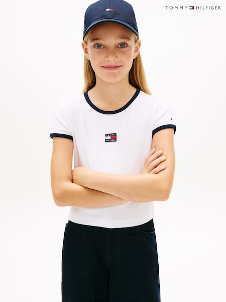 Tommy Hilfiger White Heritage Flag Ribbed Extra Slim T-Shirt (W15174) | £25 - £29